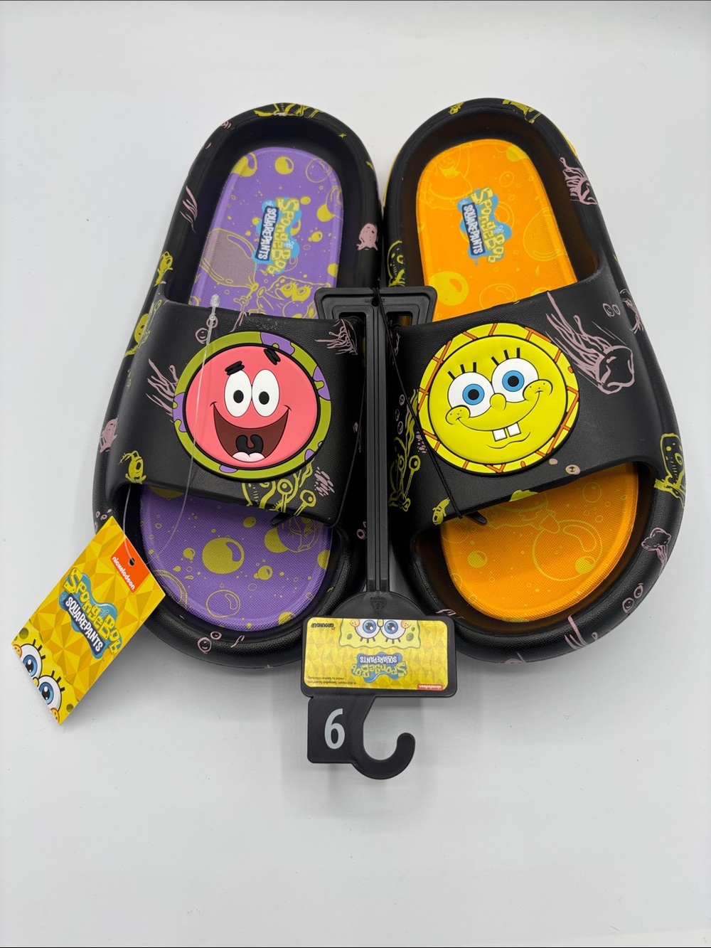 SpongeBob Squarepants & Patrick Black Yellow & Purple Slides Mens Size 9